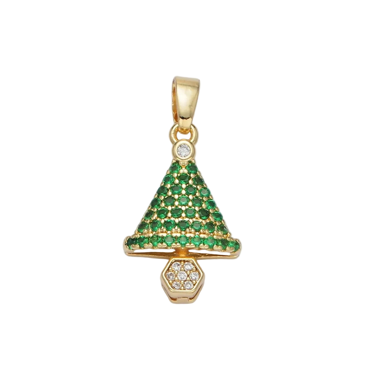 Green holiday tree charm with clear accents and attached bail on a transparent background — AA-00888