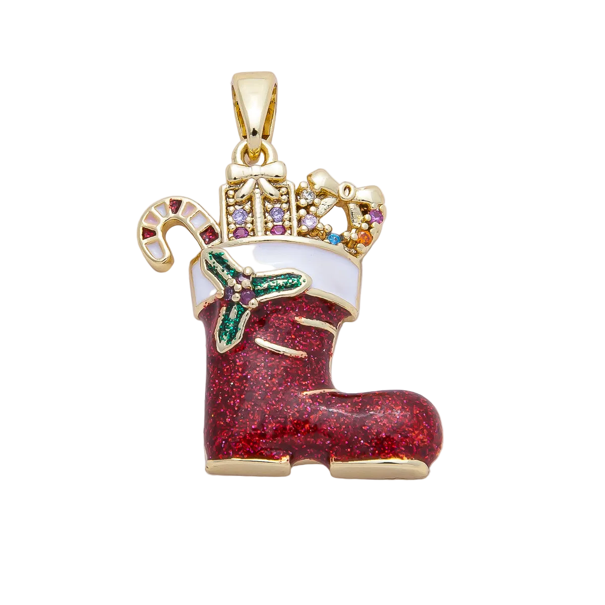 Red holiday stocking charm with presents, candy cane and attached bail on a transparent background — AF-01164