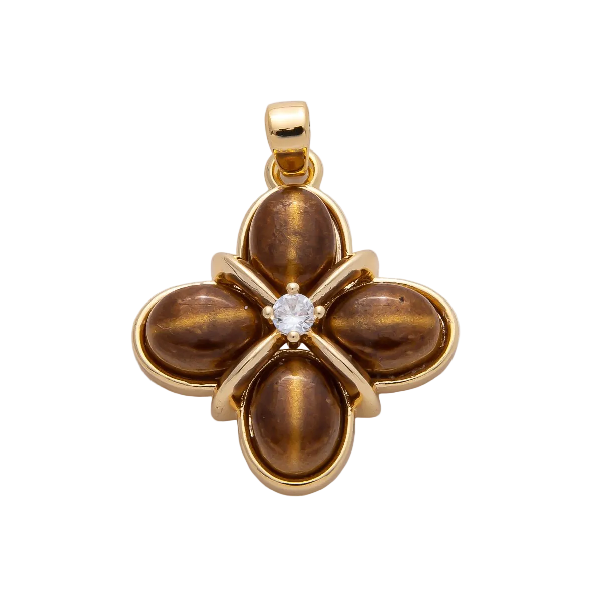 Brown four-petal clover charm with clear Everlasting Crystal center and attached bail — AF-01167