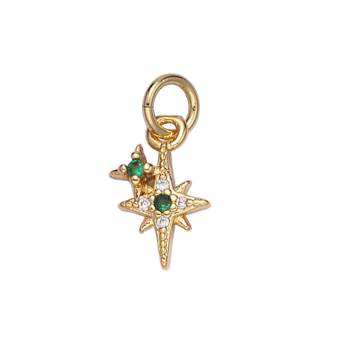 A Wish in Emerald Light — AG-00646 — gold-tone decorative wishes with green Everlasting Crystal centers and attached jump ring, transparent background