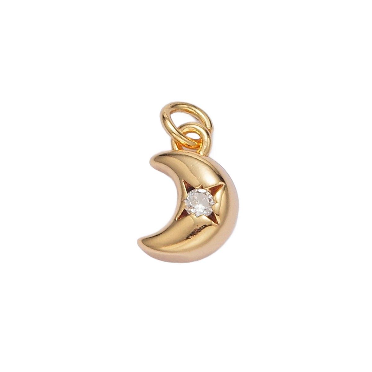 The Moon with One Wish — AG-00935-Gold — gold crescent charm with one Everlasting Crystal wish and attached jump ring, transparent background