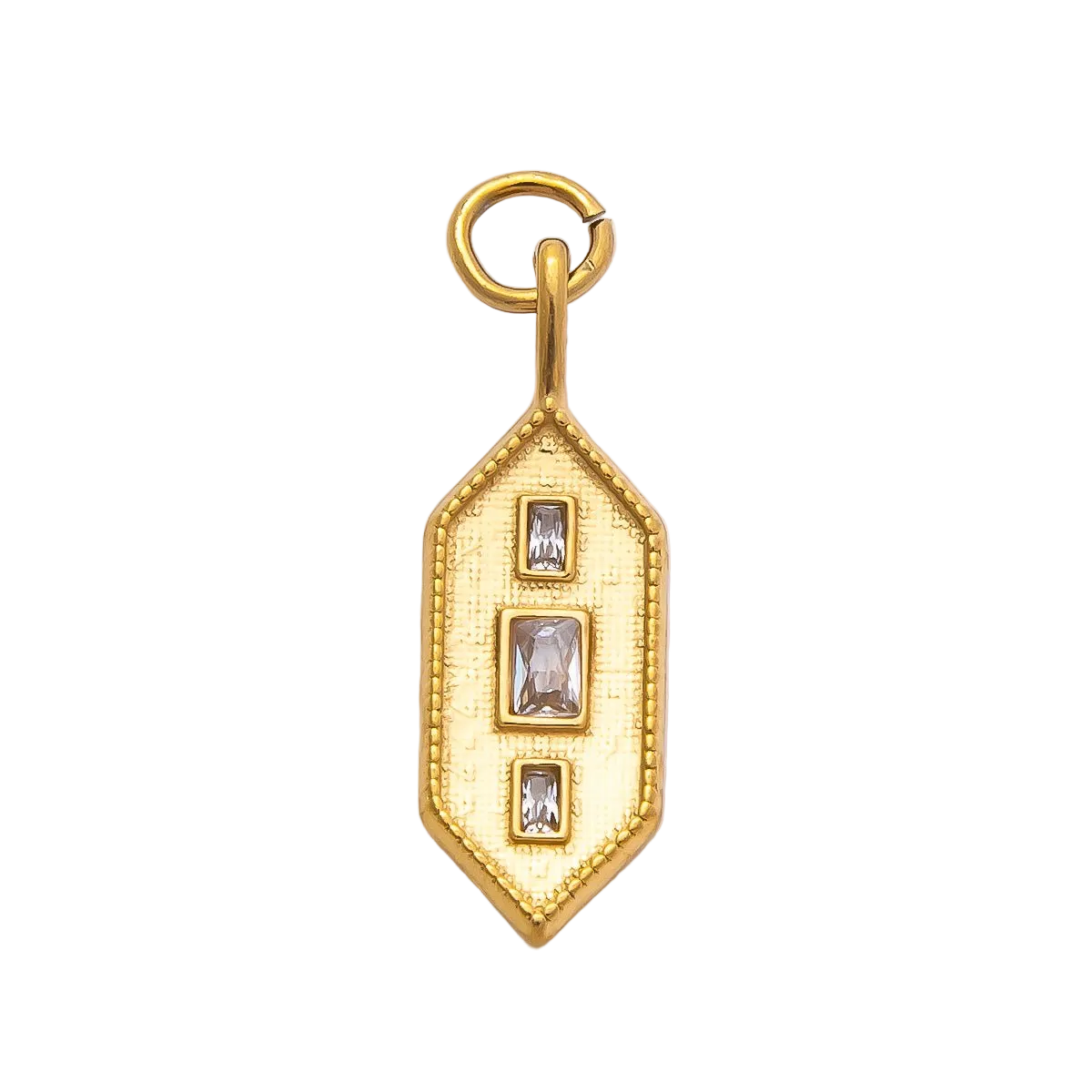 Elongated geometric charm with three clear rectangular accents and attached jump ring on a transparent background — CHARMS-00797