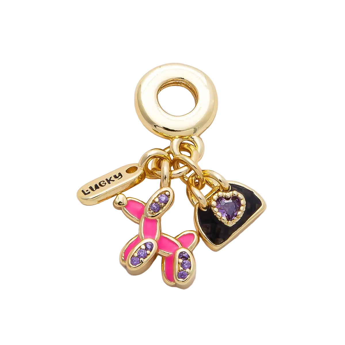 One MCB charm assembly with pink balloon dog, black heart-decorated bag, Lucky tag and large attached bracelet ring on a transparent background — CHARMS-00854