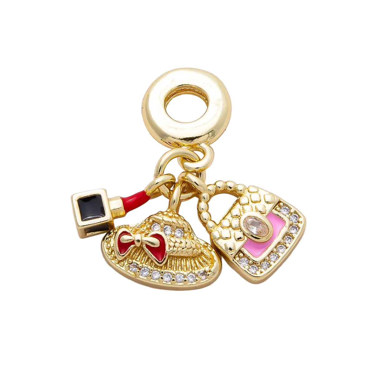 One MCB charm assembly with hat, handbag, lipstick and large attached bracelet ring on a transparent background — CHARMS-00855