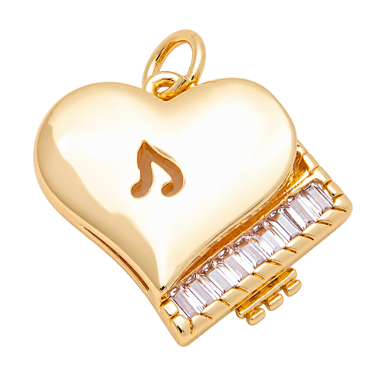 Heart-shaped piano charm with intact clear Everlasting Crystal keys and attached jump ring on a transparent background — CHARMS-00860