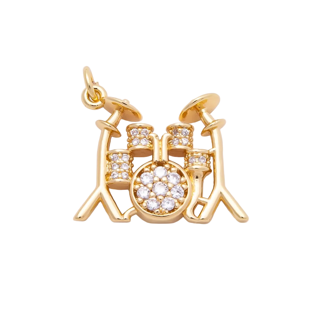 Miniature drum kit charm with clear Everlasting Crystal accents and attached jump ring on a transparent background — CHARMS-00862
