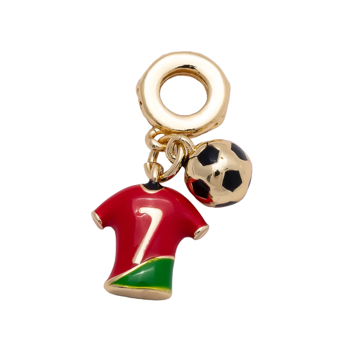 One MCB charm assembly with red and green number seven jersey, football and large attached bracelet ring on a transparent background — CHARMS-00959