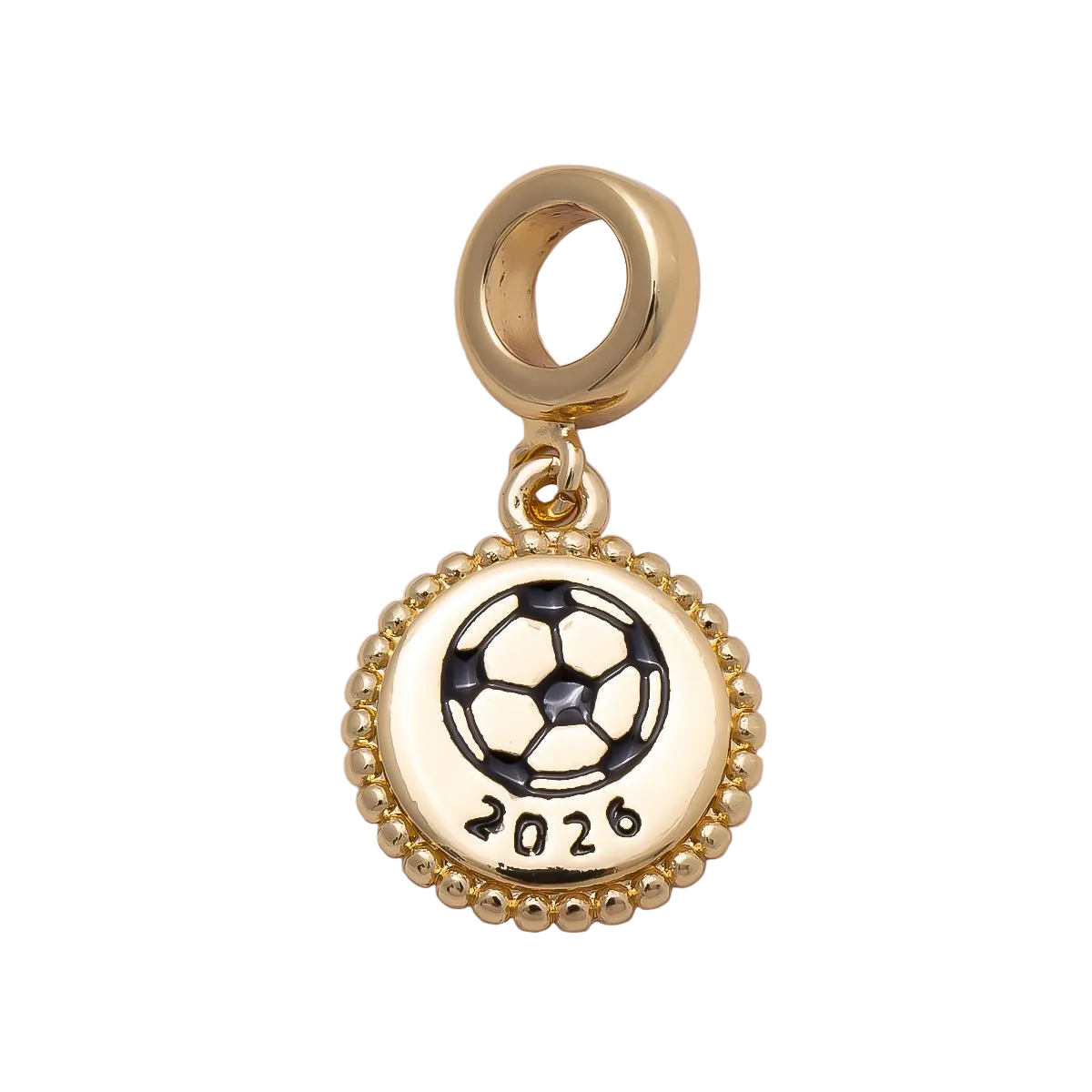 Round football medallion marked 2026 with large attached bracelet ring on a transparent background — CHARMS-00960