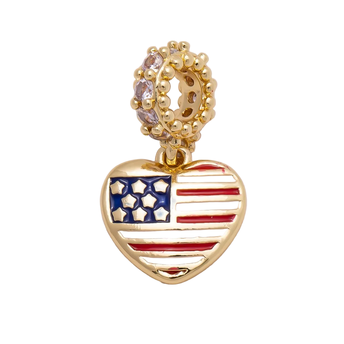 Heart charm with American flag design and large attached decorated bracelet ring on a transparent background — CHARMS-00961