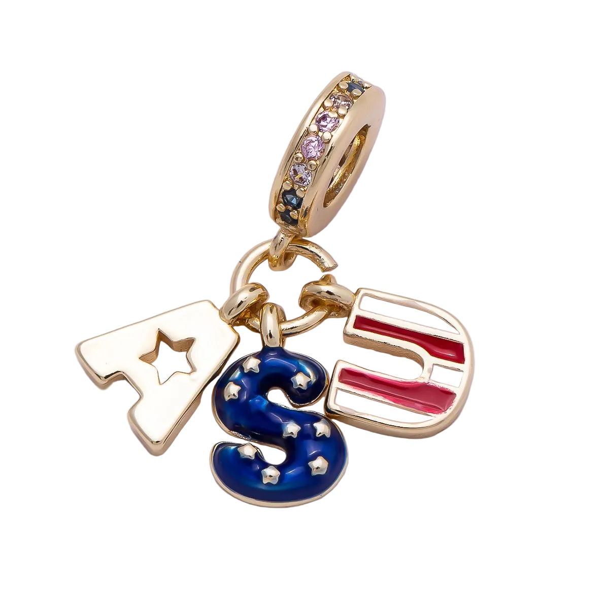 One MCB charm assembly with USA letters, red and blue details, decorative wishes and attached bracelet ring on a transparent background — CHARMS-00962