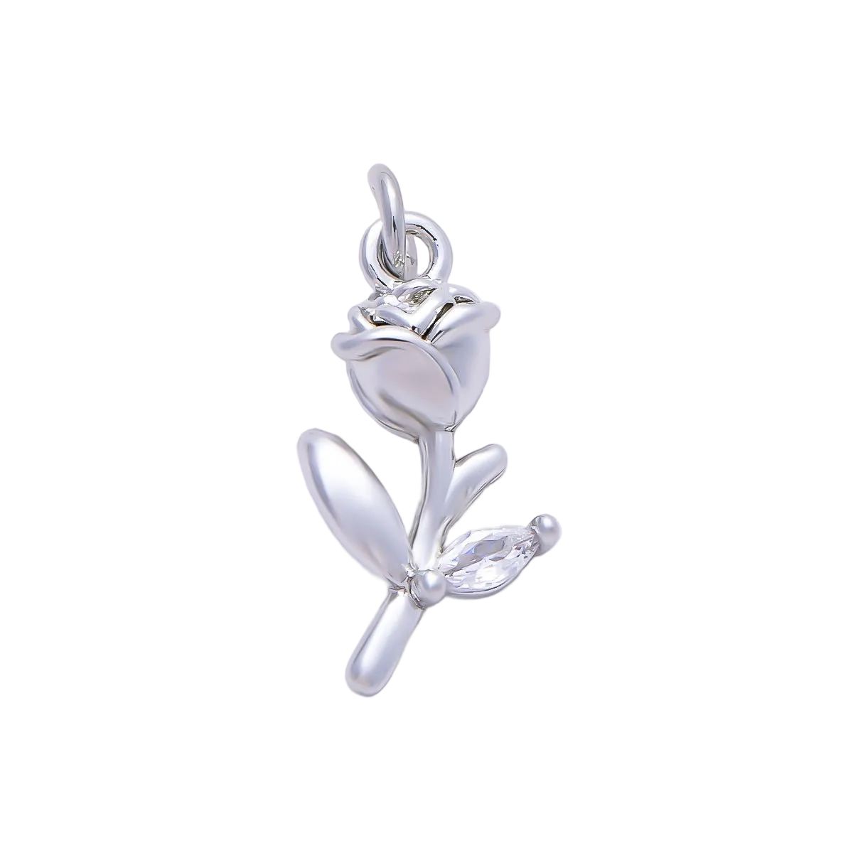 Silver rose charm with Everlasting Crystal leaf and attached jump ring — CHARMS-01518
