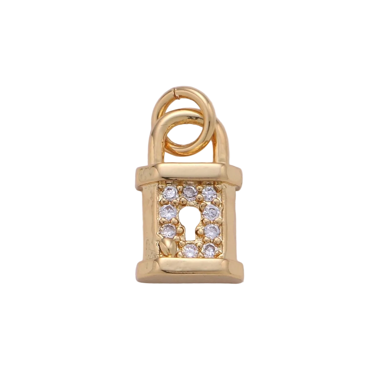 Gold-finish padlock charm with Everlasting Crystal accents and attached jump ring on a transparent background — D-00050-GOLD