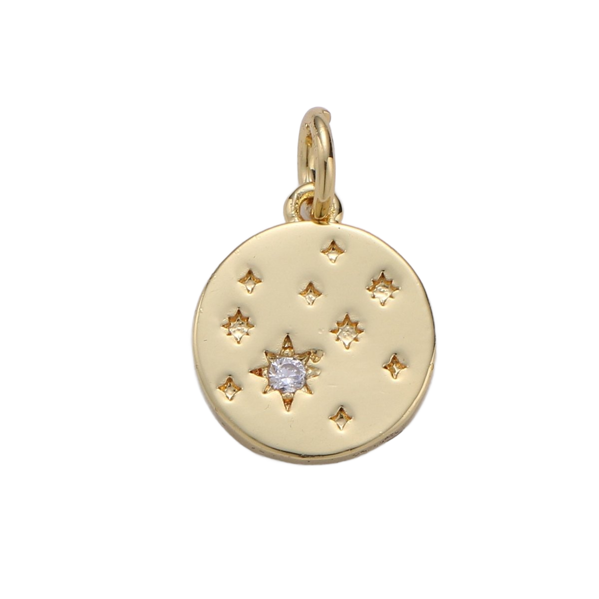 The Wishes I Brought Home — D-00394 — golden disc with decorative wishes, clear Everlasting Crystal and attached jump ring, transparent background