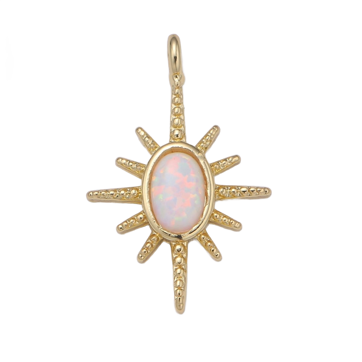 The Wish in Opal Light — E-00028 — opalescent charm with golden wish rays and attached jump ring, transparent background