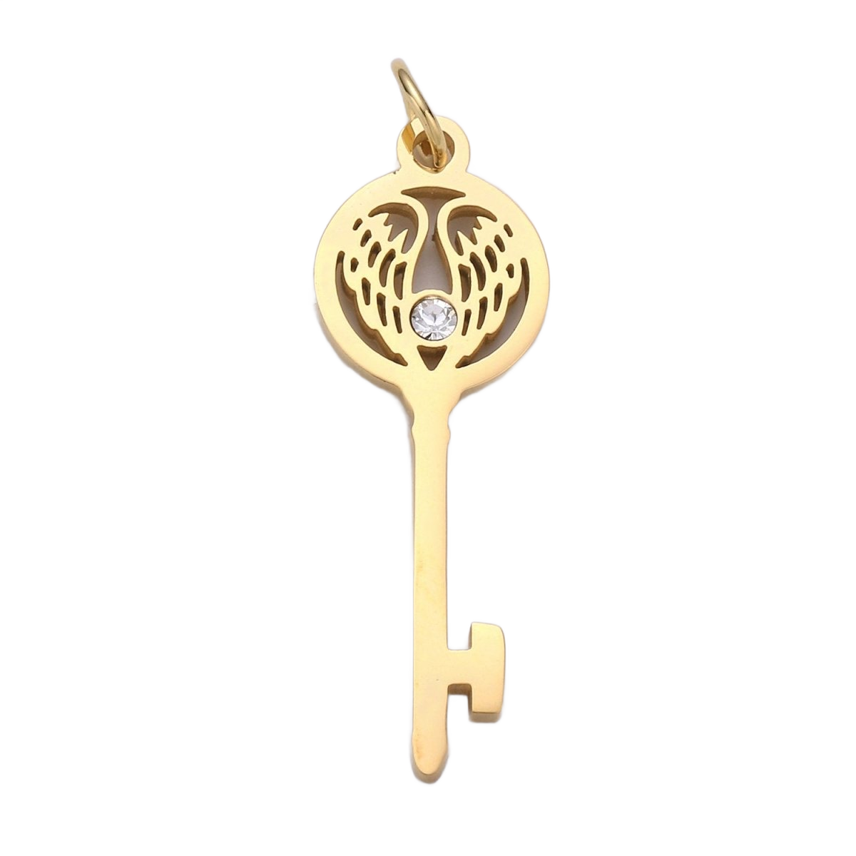 The Key with Quiet Wings — E-00695 — gold winged key charm with attached jump ring, transparent background