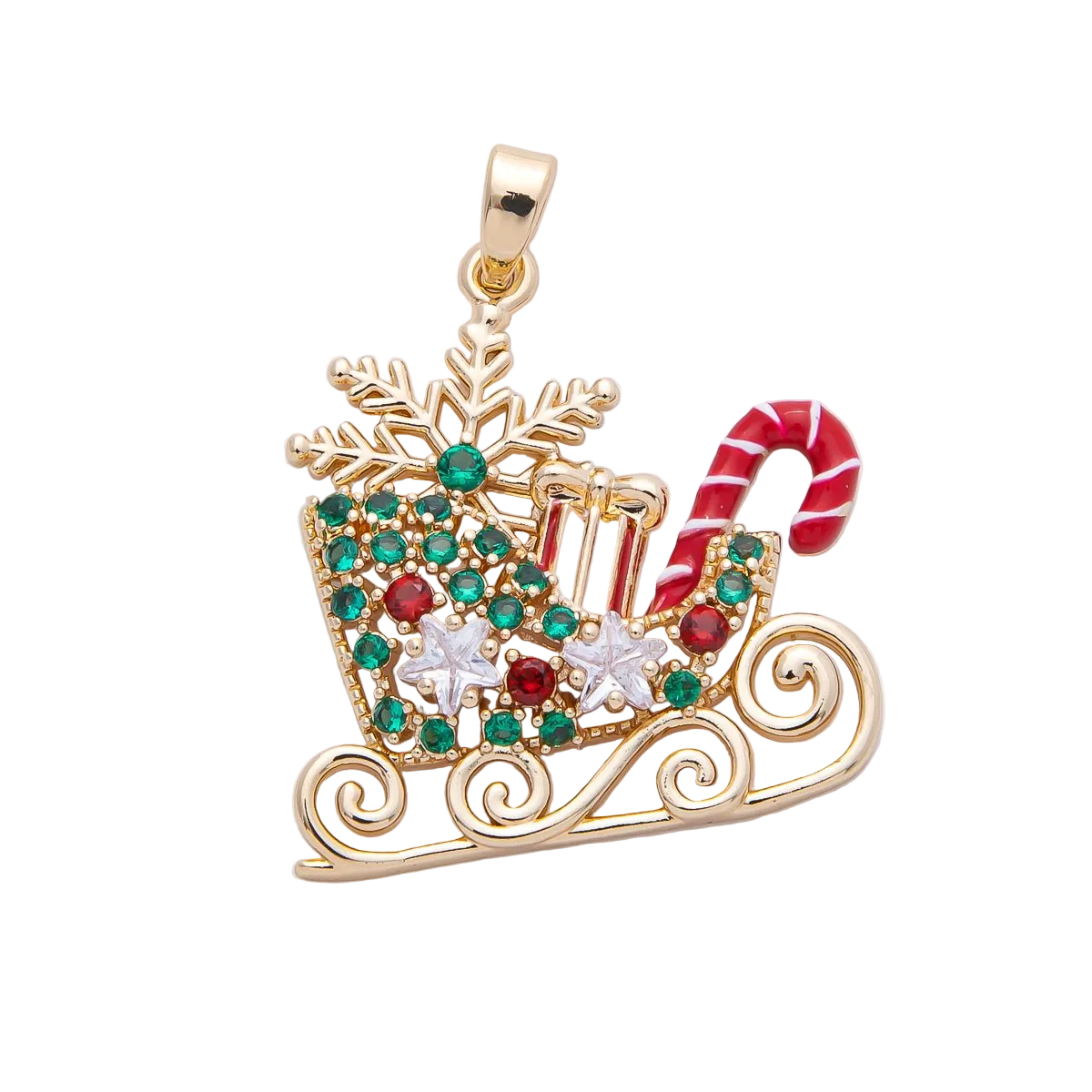 Decorative holiday sleigh charm with candy cane, snowflake and attached bail on a transparent background — H-00030