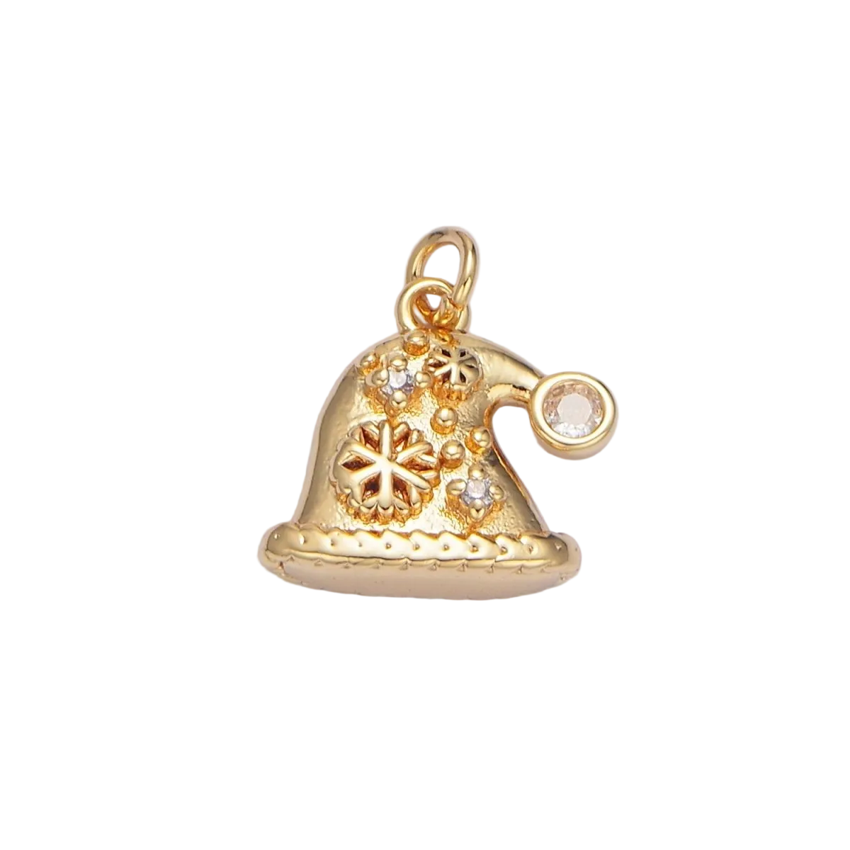 Gold festive cap charm with snowflake decoration and attached jump ring — X-00852